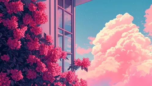Digital painting of floral façade and pastel cumulus skyscape.
