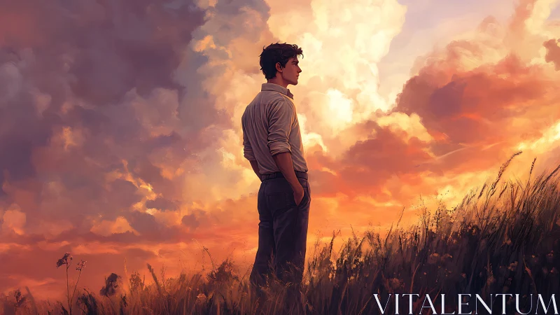 Man stands in tall grass against dense orange sunset clouds