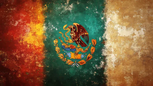 Distressed Mexican flag with bold textured tricolor design.