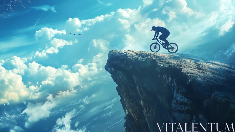 Cyclist on cliff edge against clouds.