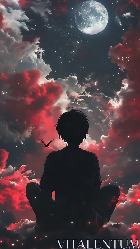 Silhouetted dreamer gazes at a huge moon amid crimson clouds
