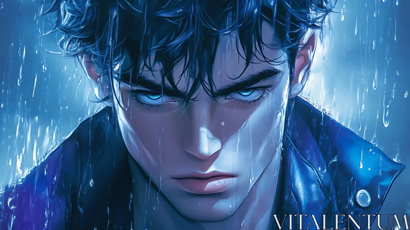 Hyperreal anime portrait of rain‑soaked, blue‑lit vigilante.