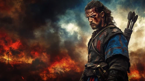 Battle-worn archer in incendiary smoke-filled war atmosphere.