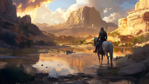 Lone rider crossing sunset river beneath vast desert cliffs.