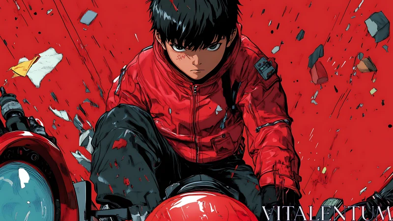 Dynamic anime rider framed by radial debris and saturated reds