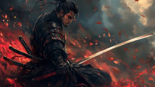 Lone samurai in stormlit embers holding a shining blade.