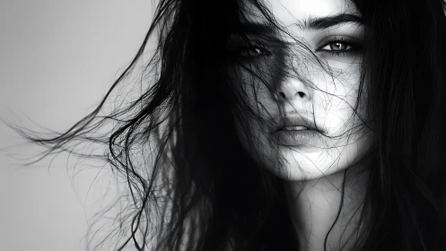 Monochrome portrait with windswept hair and intense gaze.