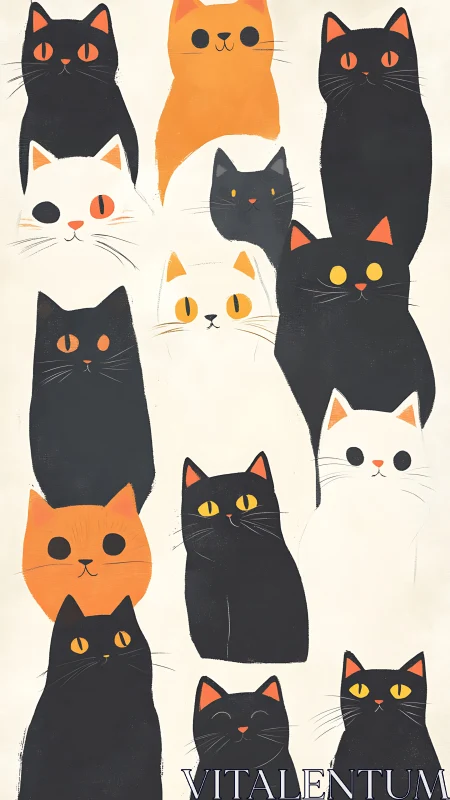 Stylized Halloween Cat Faces With Orange and Black Geometric Forms