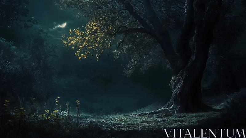 Moonlit enchanted forest clearing with ancient gnarled tree.