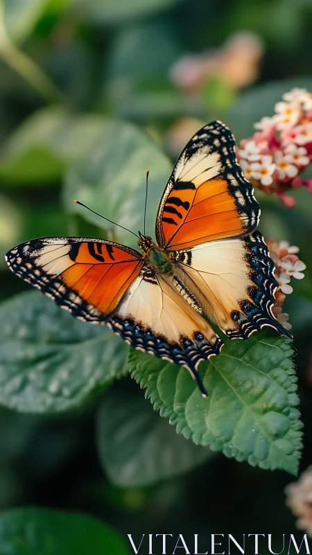 Orange black butterfly rests on green leaf in soft light