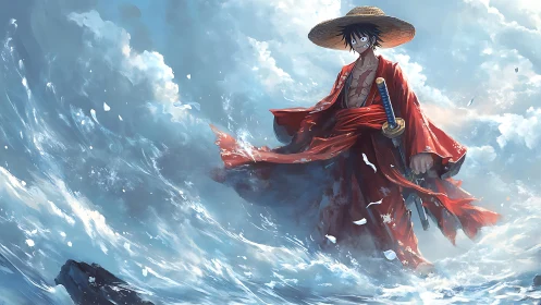 Straw hat swordsman in red robe standing amid ocean waves.