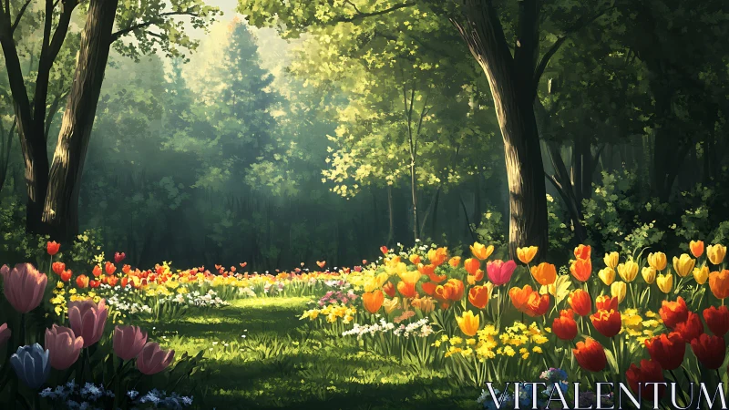 Forest clearing with structured tulip and flower composition in warm golden hour light