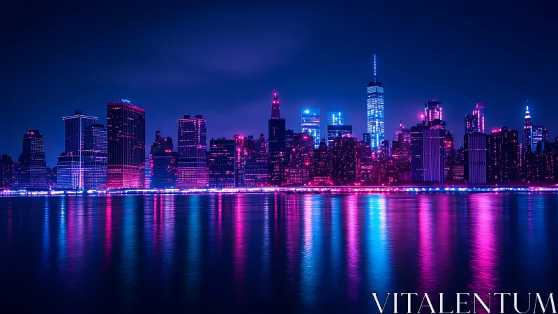 Neon-lit city skyline reflects in calm waterfront at night