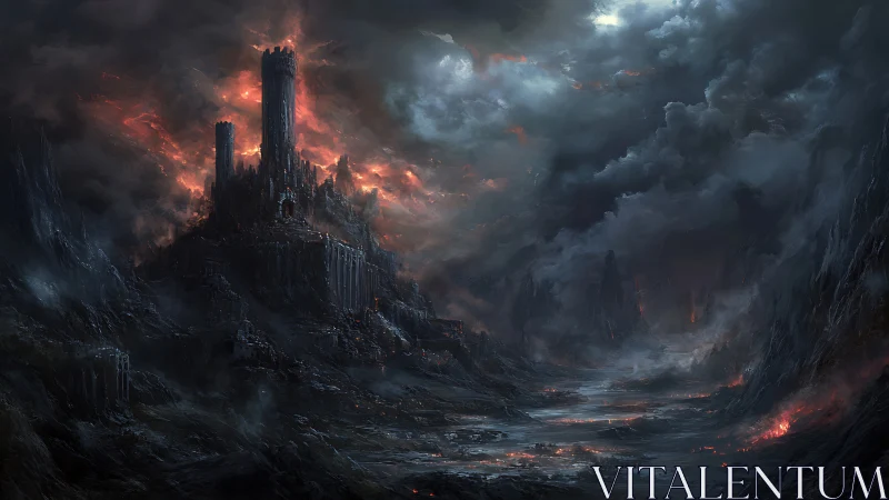 Dark fortress amid volcanic wasteland, cinematic digital painting.