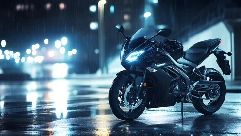 Sport motorcycle on wet urban street under night rain.