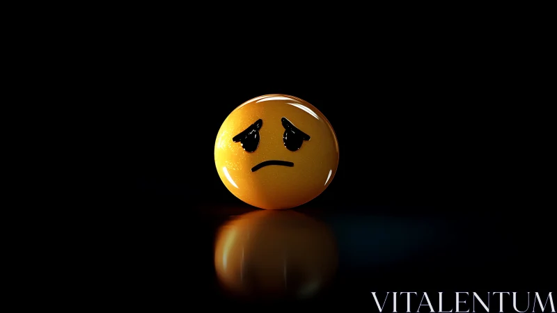 Sad orange emoji sphere on reflective dark surface background.