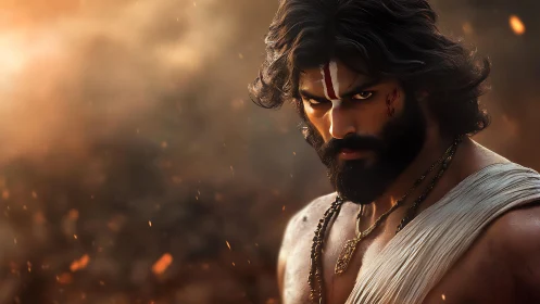 Warrior portrait with volumetric lighting and ember particle field