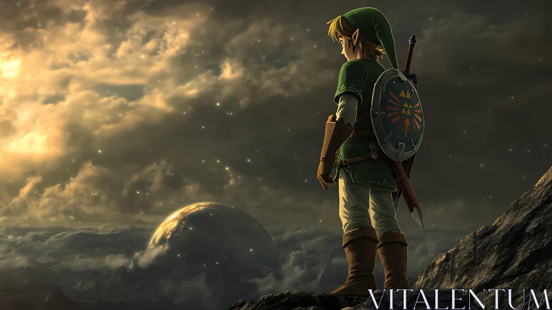 Heroic fantasy warrior overlooking distant glowing world.