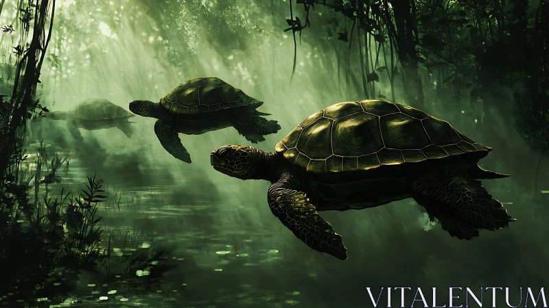 Emerald river turtles glide through misted jungle light.