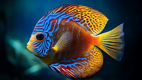 Radiant tropical fish with neon stripes in dark water.