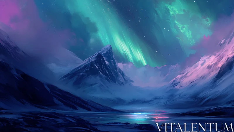 Shimmering aurora crowns icy peaks over a tranquil polar bay