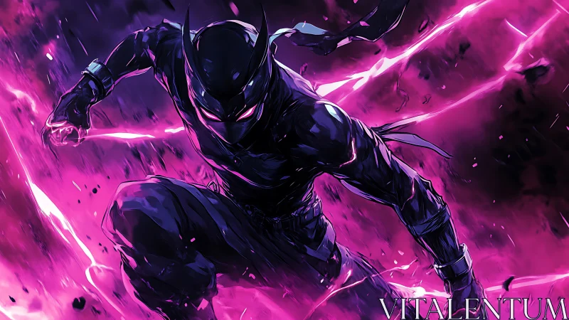 Masked figure advances through magenta energy streaks