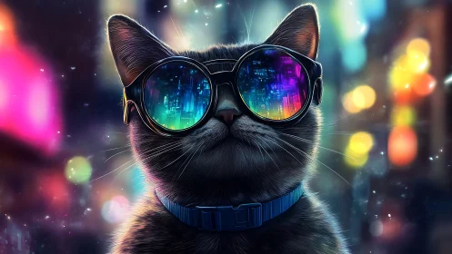 Cool cat wearing cyber glasses in neon city lights.