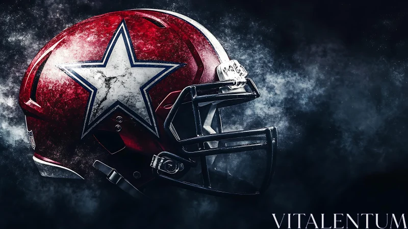 High-contrast red football helmet with star emblem in smoke