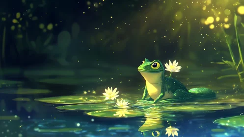 Frog on lily pad under soft glowing pond light at night.