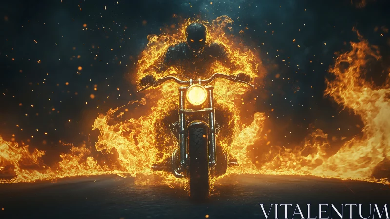Flaming motorcyclist charge in cinematic digital painting composition.