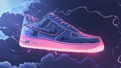 Neon blue sneaker floats through stormy vapor clouds.