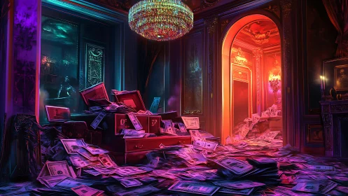 Overflowing fortune spills across a lavish neon-lit room