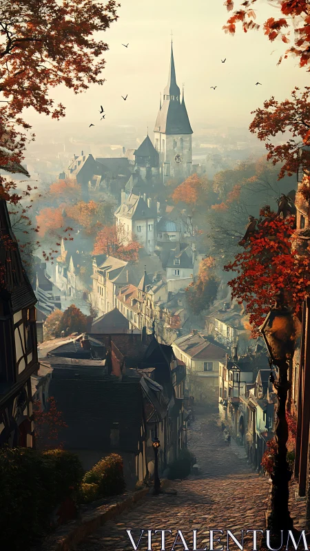 Old hillside town with church spire in autumn light.