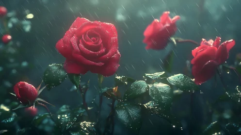Red Roses in Rain: Wet Petals Against Teal Atmospheric Backdrop.