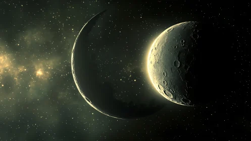 Twin crescent moons drift in a luminous, star-filled void