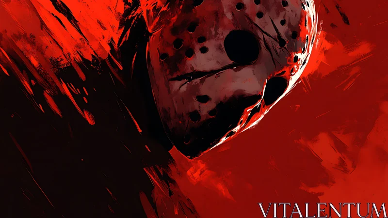 Hockey mask horror portrait against abstract red field.