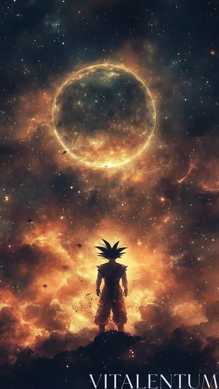 Saiyan warrior silhouettes against burning cosmic sphere.