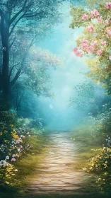Enchanted Forest Path Through Blooming Garden