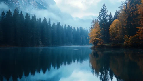 Misty forest lake with glowing autumn trees and calm reflections.