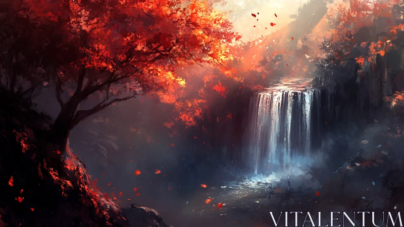 Crimson forest waterfall under diffused autumn backlight.