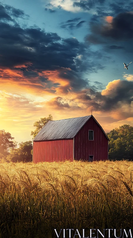 Sunlit red barn in ripe wheat field under dramatic clouds