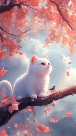 White Cat with Crimson Eyes Perched on Wooden Branch Under Autumn Canopy
