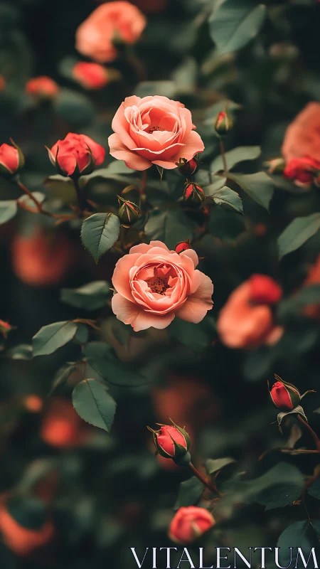 Coral Garden Dreams: Blooming Roses Dance in Vintage Light