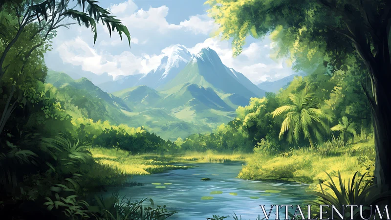 Sunlit jungle river cradled by bright snow capped peaks.