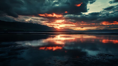 Spectral coastal sunset with high-contrast cloud reflections.
