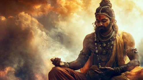 Meditating sage in radiant clouds embraces divine serenity.