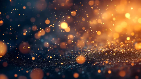 Golden bokeh particles floating in dark blue abstract background.