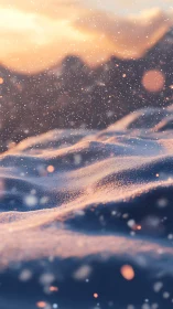 Snowy landscape under warm sunset light with snowfall.