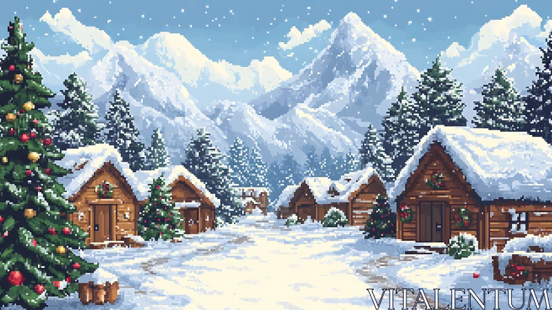 Snow-kissed pixel cabins beneath storybook winter peaks.