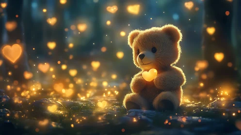 Glowing teddy bear cradles heart lights in an enchanted forest.